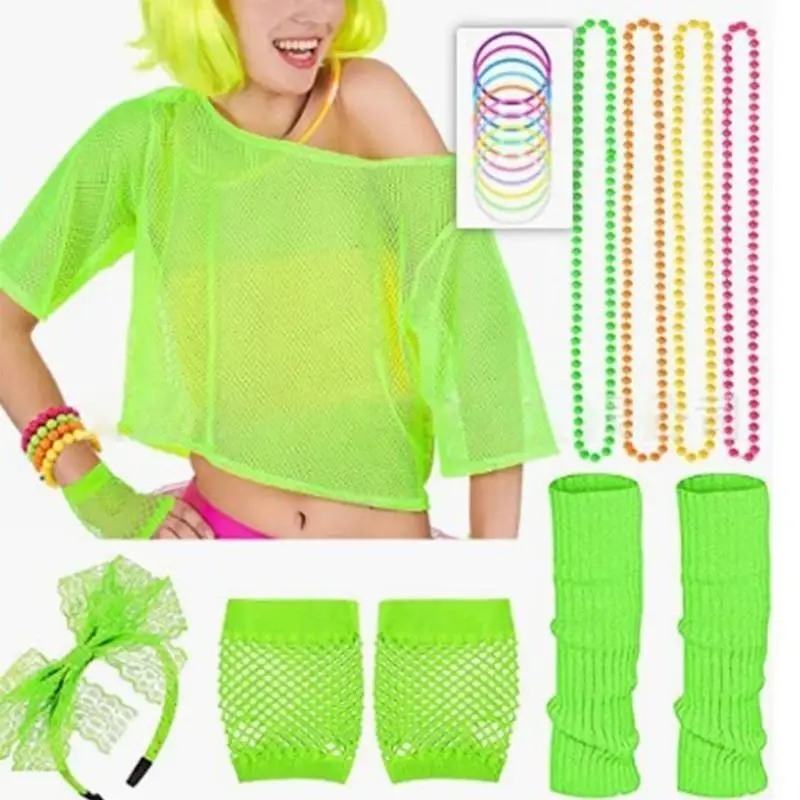 

A52E 80s Fancy Dress Costume Accessories Workout Headband Earring Shirt Necklace Bracelet for 80s Retro Party Decors