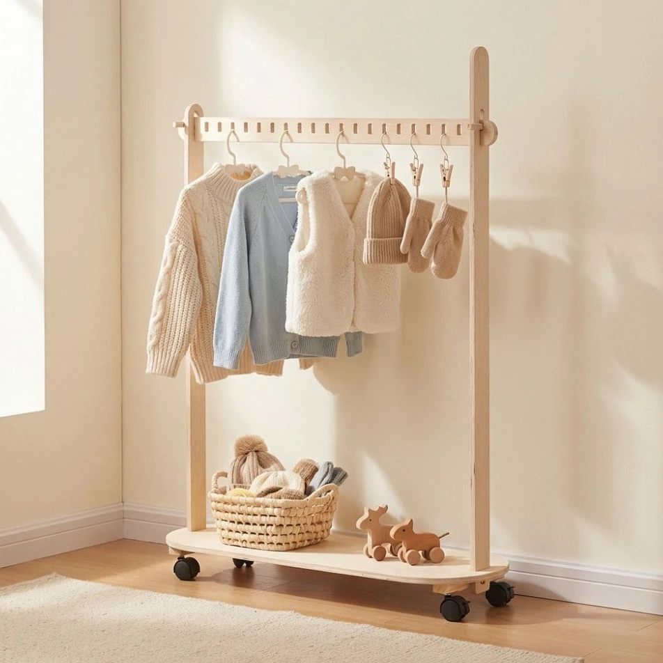 Solid wood floor cloth hanger coat rack hanging storage for baby children's simple storage indoor dry clothes rack collection