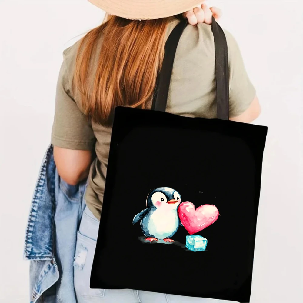 

Cute Watercolor Penguin with Heart Canvas Tote Bag, Adorable Animal Print Shoulder Bag for Winter and Animal Lovers
