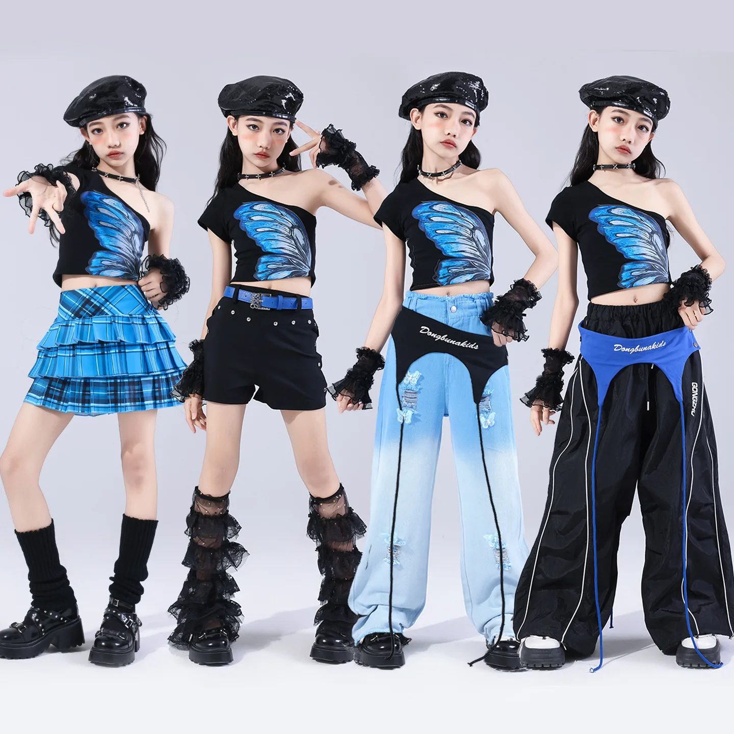 Hip Hop Girls One-shoulder Butterfly Crop Top Pants Skirts Shorts Children Streetwear Girl Group Costumes Kids K-pop Clothes Set