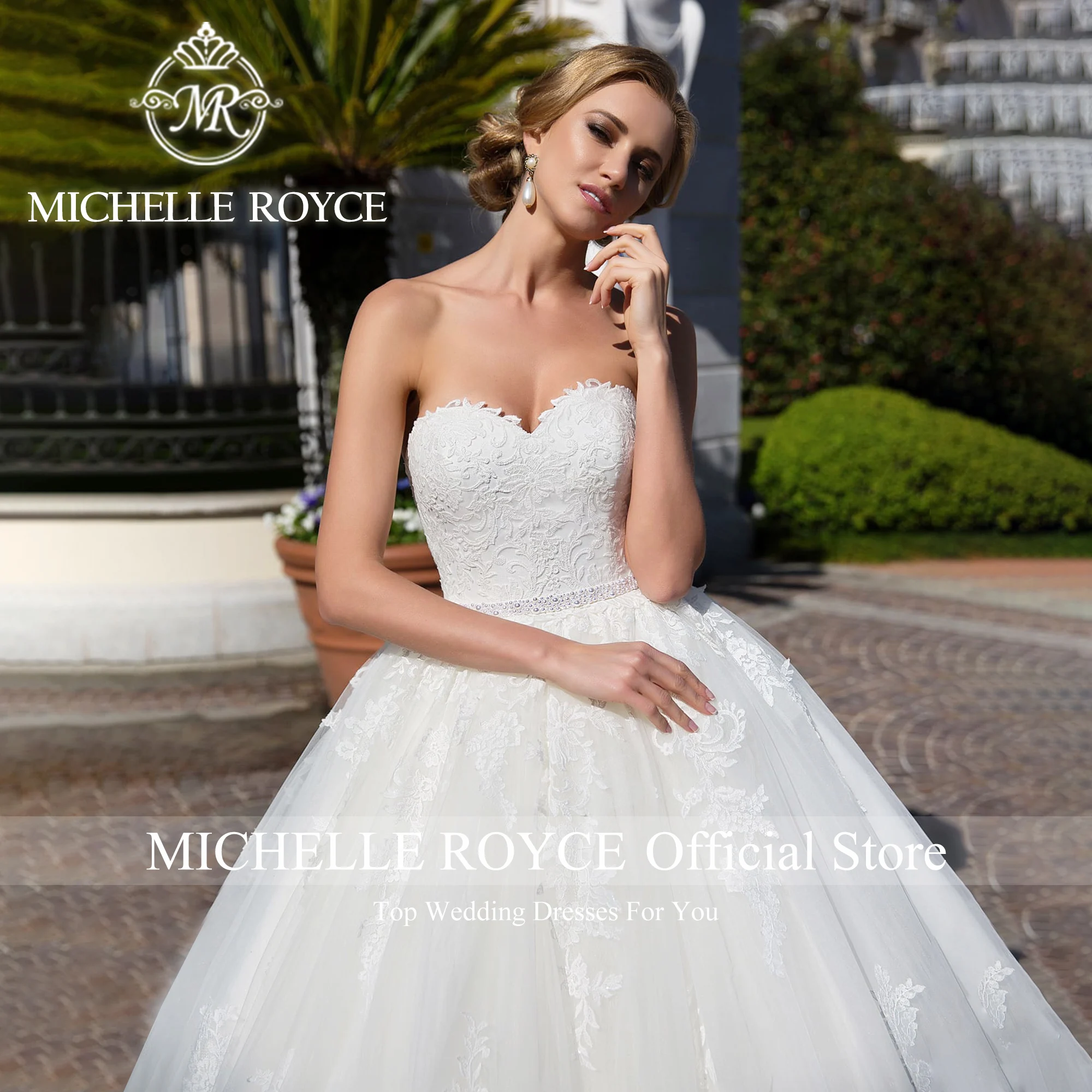 

Michelle Royce Ball Gown Wedding Dress With Jacket Boat Neck High Quality Appliques Chapel Train Wedding Gown Vestidos De Novia