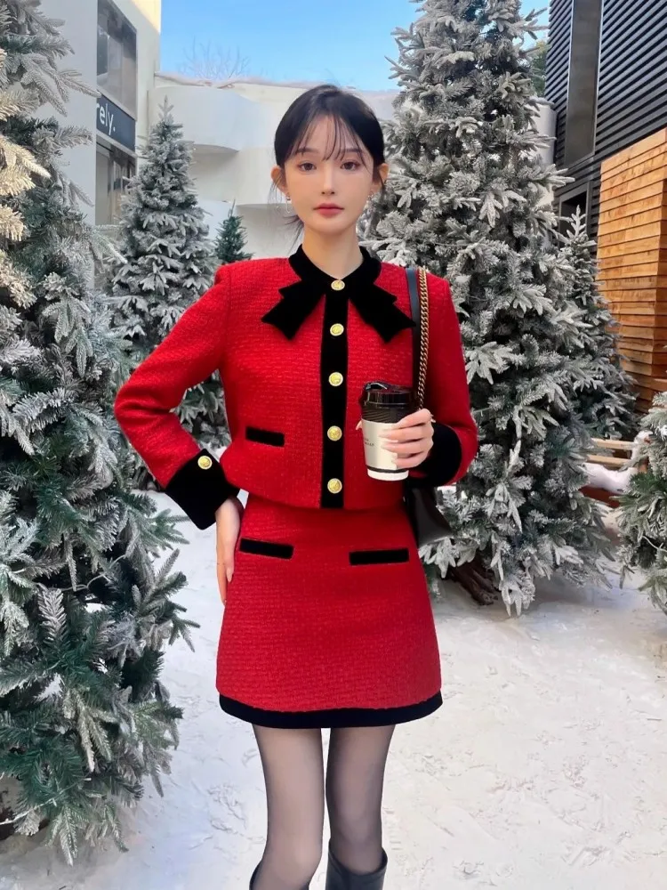 New Elegant Office Ladies Red Tweed Jacket Skirt Two Piece Set Fashion Bowknot Short Coat High Waist Skirts Women Matching Sets