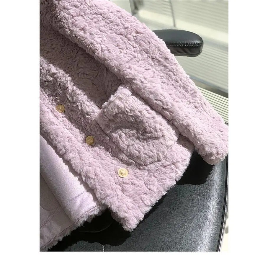 Thiened Zweireiher Kaninchenfell Jaet Damen Faionable Herbst Winter Warme Oberbekleidung Small Fraance Sle