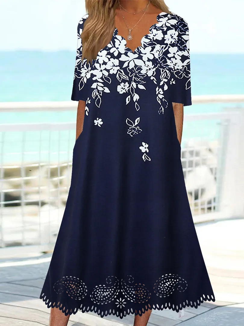 

Plus Size Women Short Sleeve V-neck Floral Printed Midi Dress