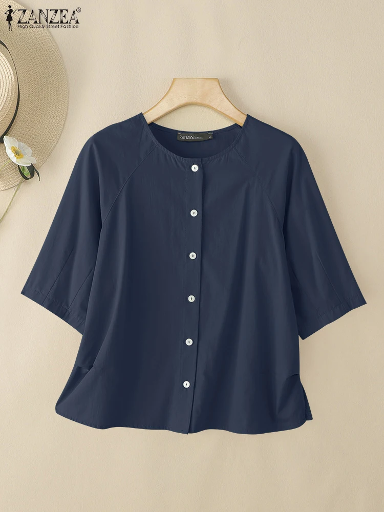 

Летние рубашки ZANZEA 2024, женские повседневные свободные хлопковые топы на пуговицах, элегантные однотонные рабочие блузки с круглым вырезом и короткими рукавами, оверсайз