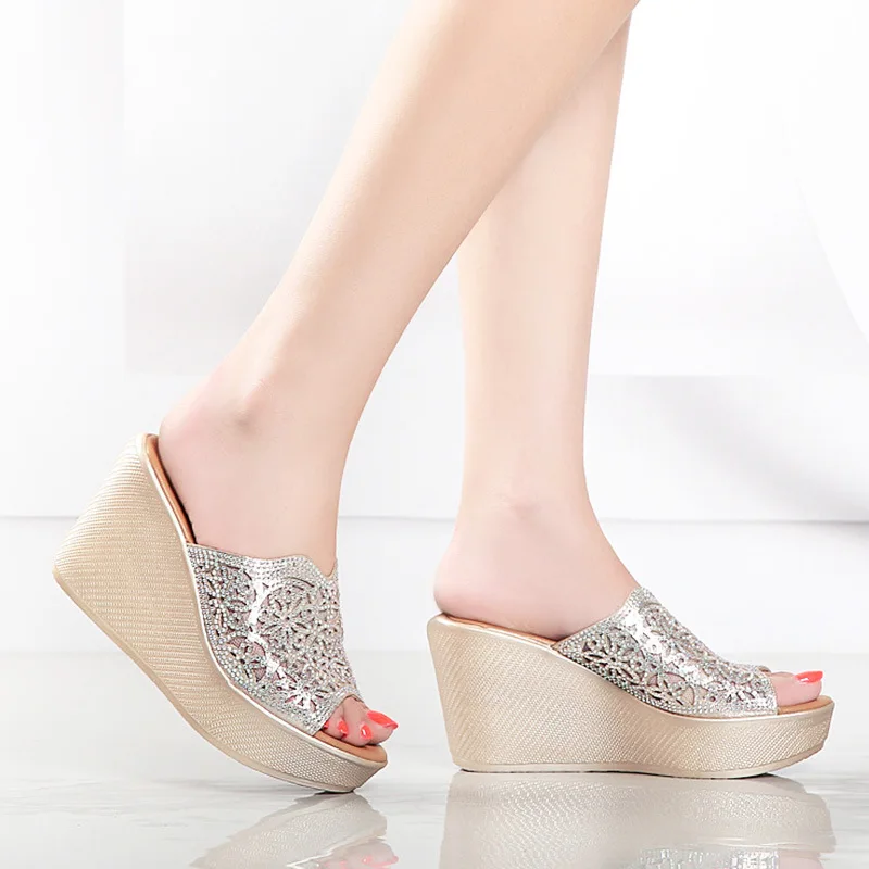 High quality summer wedge sandals for women 8cm high heel new 2024 size 32 33 42 43 platform open toe elegant shoe silver