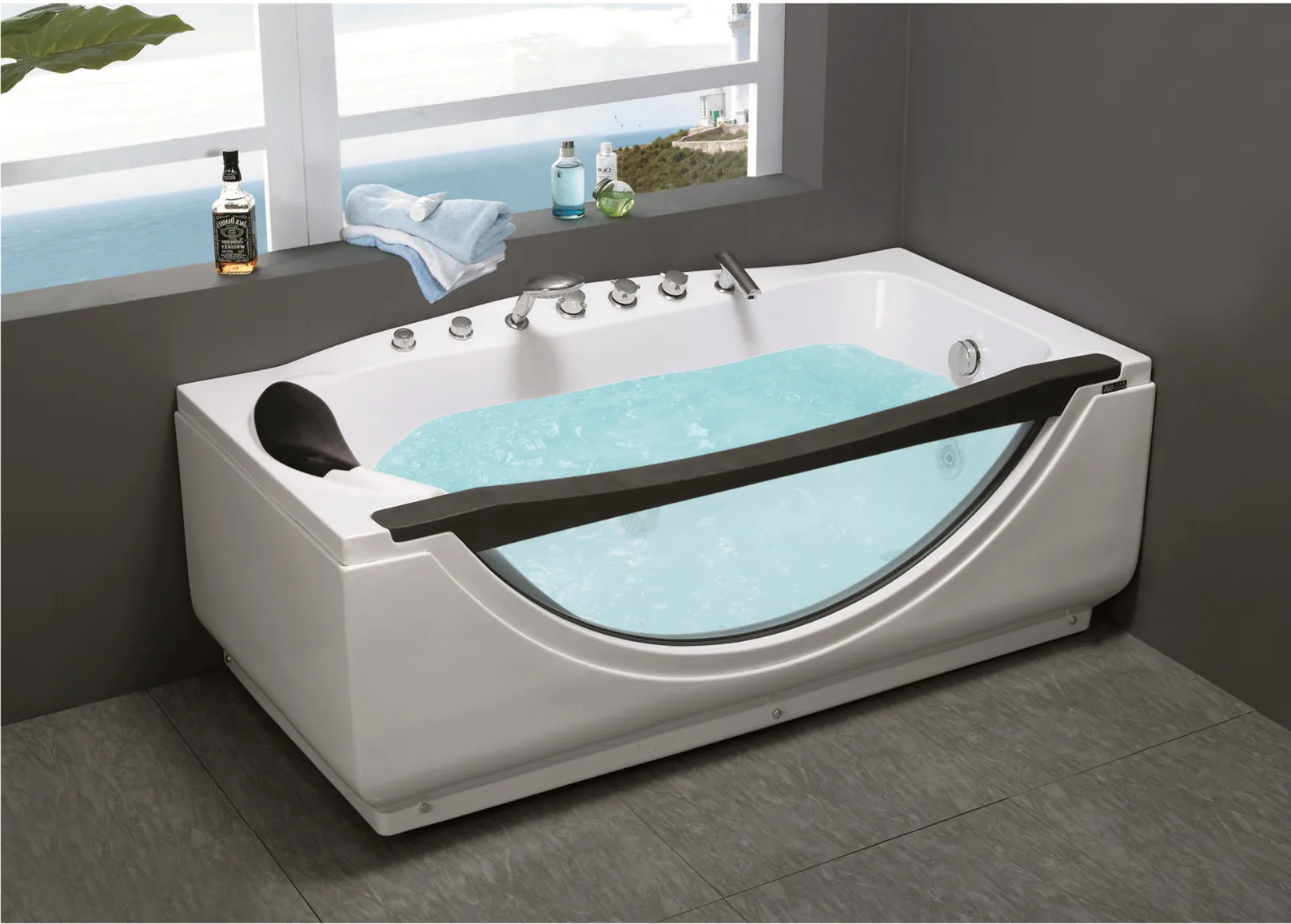 Luxury Acrylic Jetted Bathtub, 2 Person Corner Massage Soaking Tub, Modern Freestanding Whirlpool Bath Tub for Bathroom