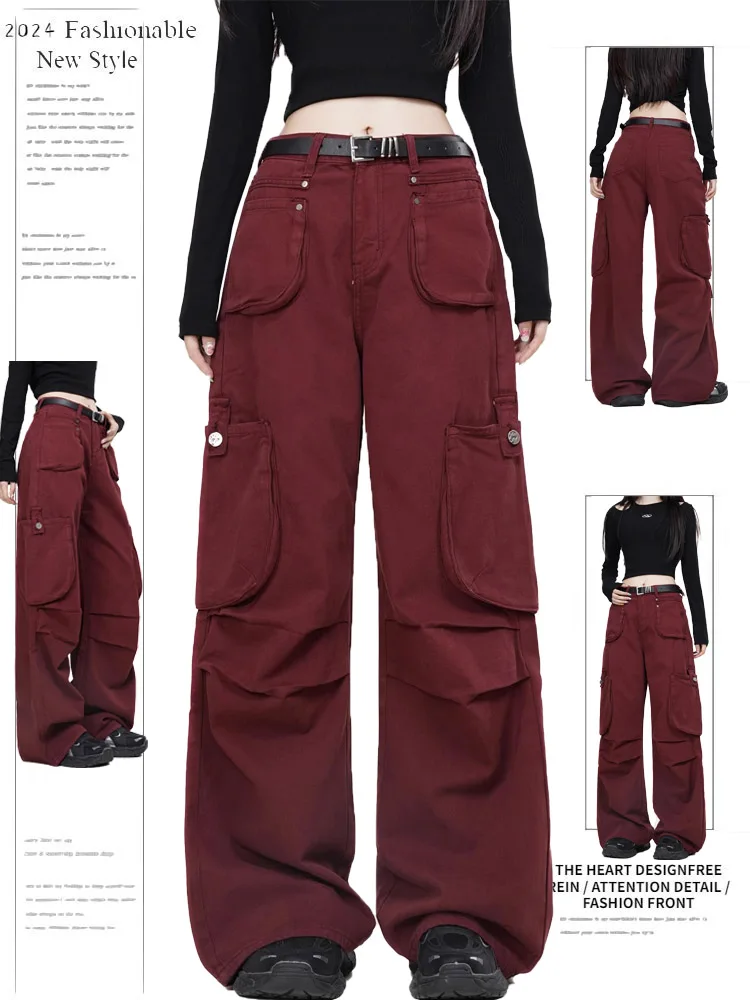 

Женские джинсы с высокой талией, красные, из денима, осенние, новые, свободные, широкие, в пол, с множеством карманов