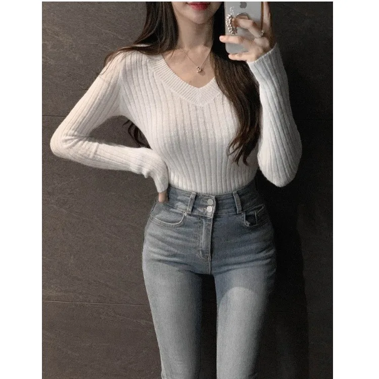 Sexy Slim Fit V-Neck Knitwear Long Sleeve Pure Color Versatile Ladies Fashion Top Dongda Gate Autumn New Style Skin-friendly ...