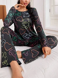 Casual Heart & Bear Print Pajamas Set Long Sleeve Crew Neck Top & Pants Women's Sleepwear Loungewear