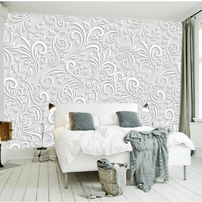 

Custom Mural Wallpaper 3D White Carved Flowers Living Room TV Background Wall Romantic Home Decor Nordic Flower Papel De Parede