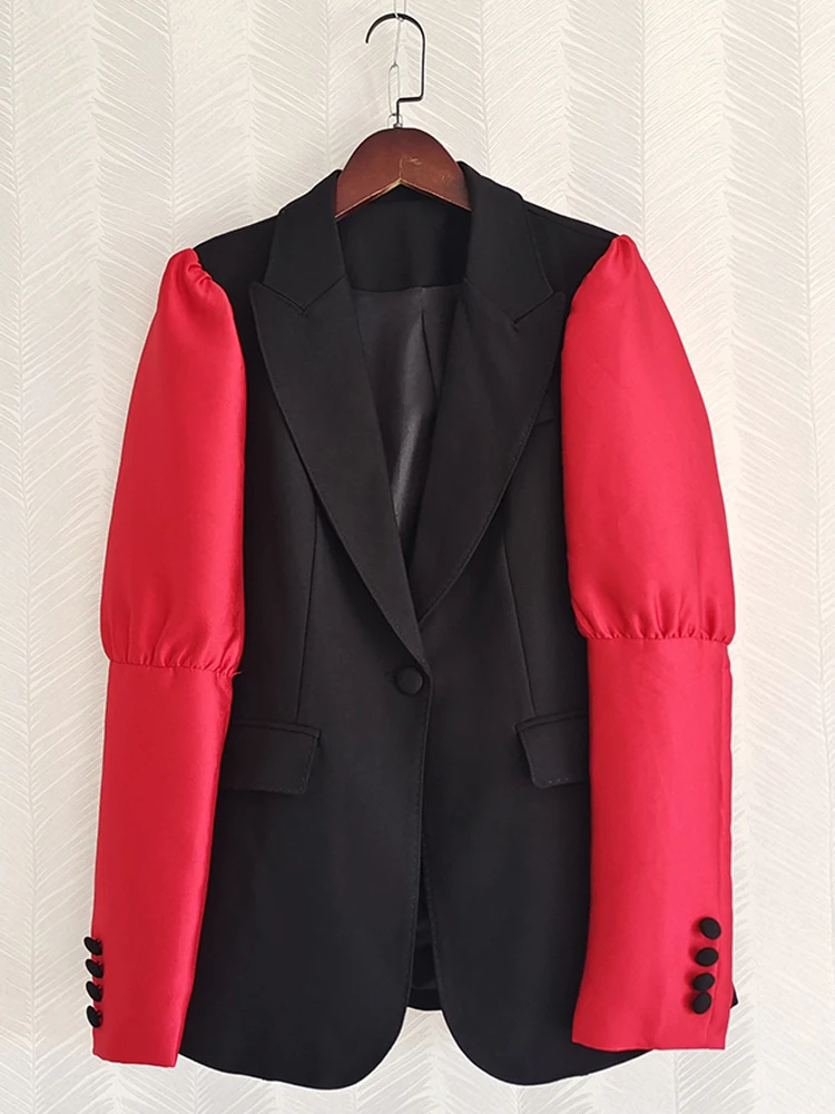 AELESEEN Designer Mode Frauen Anzug Herbst Rot Hülse Schwarz Kontrast Farbe Blazer + Hosen Elegante Büro Damen 2 Stück Set