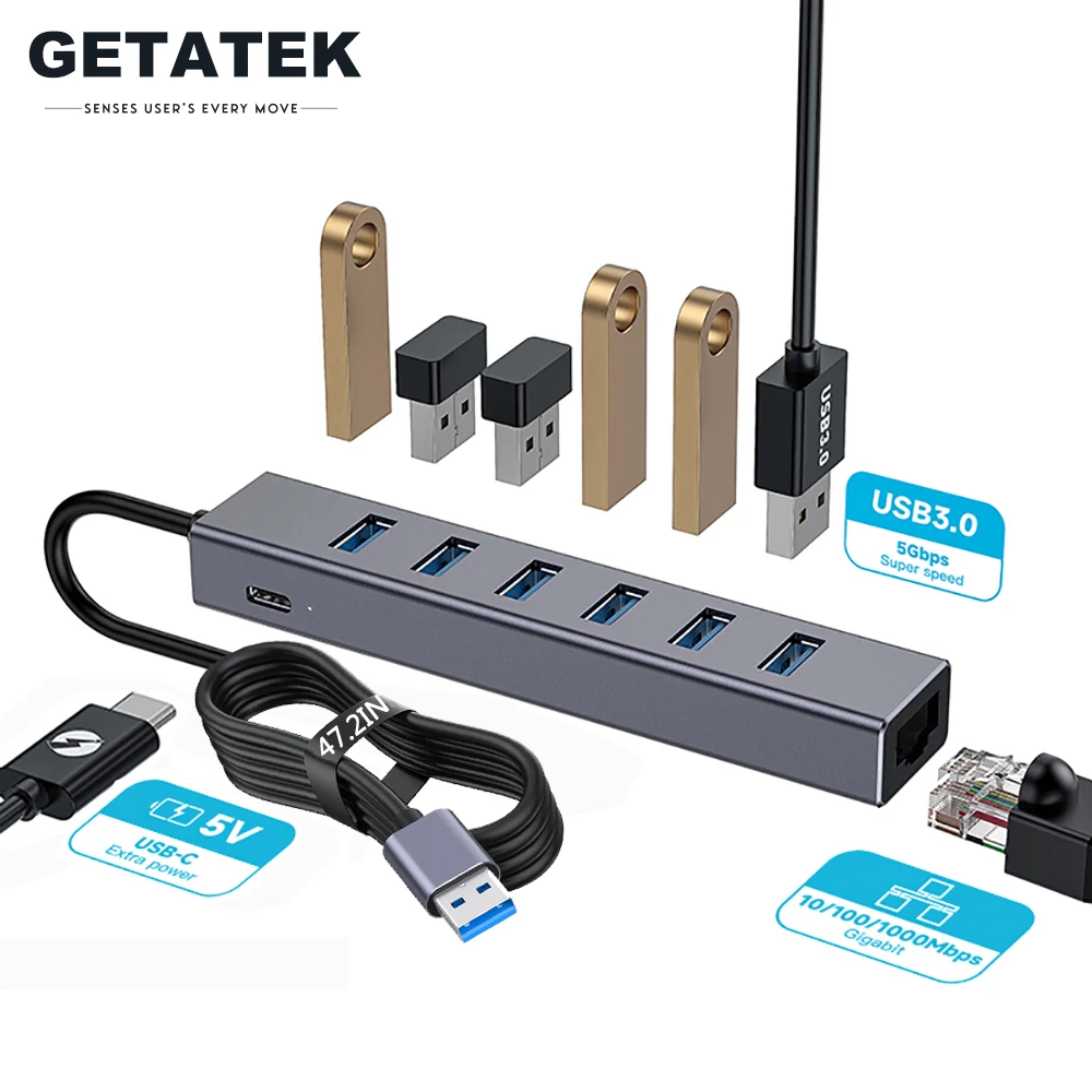 Getatek 노트북 드라이브 HDD 프린터 마우스용 USB 3.0 허브, 8-in-1 USB 허브, 6 USB 3.0 포트, 5V 추가 전력 기가비트 이더넷 포트