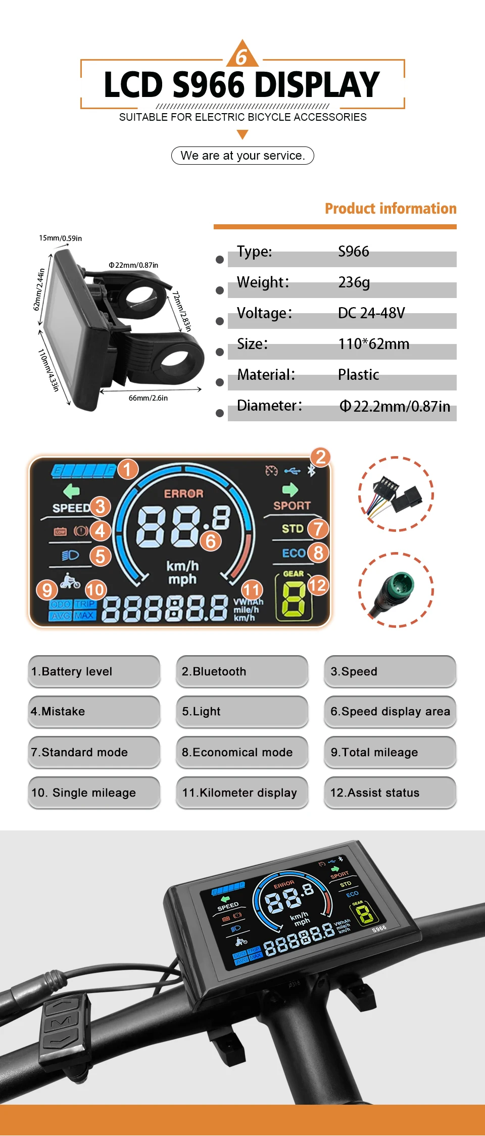 Teile für Elektroroller mit drei Modi, 17 A, 26 A, 30 A, 36 V, 48 V, Sinuswellenstopfen mit S866 S966 S900-Display, Verwendung für 250 W-1000 W Motor – Detail 6