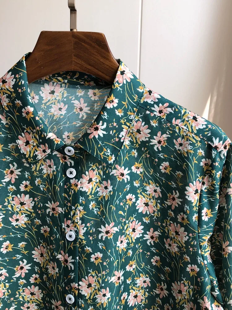 Seide Baumwolle mischt Frauen Langarmhemd grün Blumen druck Turn-Down-Kragen Vintage einreihige Damen bluse