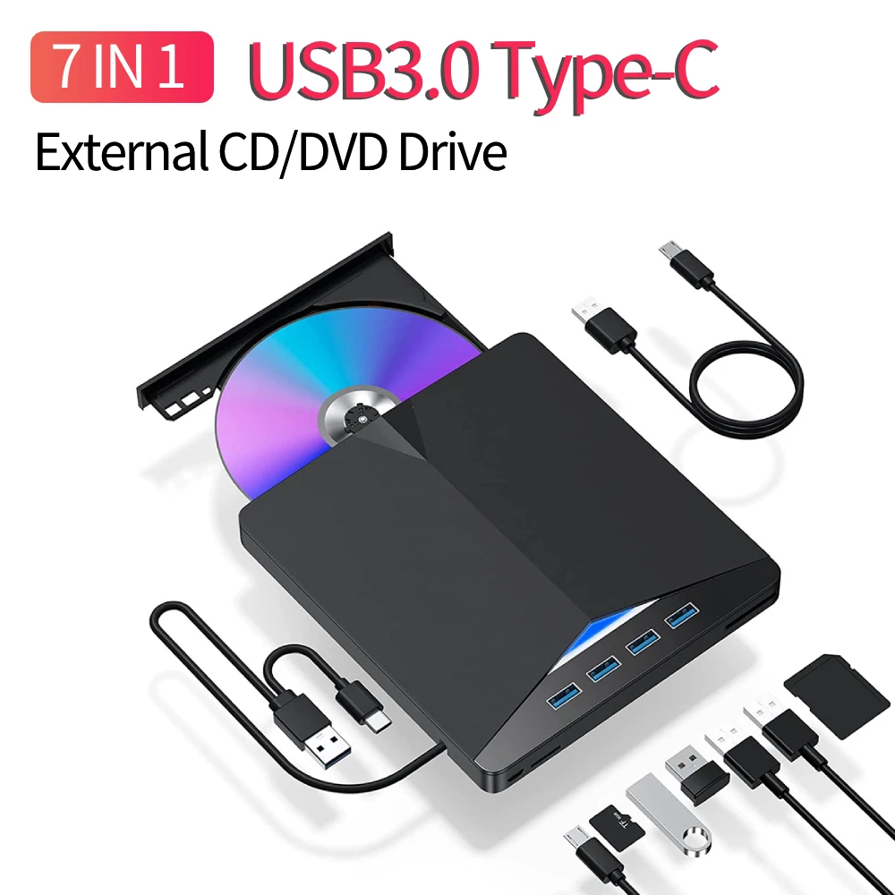 

7-в-1 USB 3.0 TypeC Внешний DVD-RW записывающее устройство для компакт-дисков Высокоскоростной Plug-and-Play для Windows 11/10/8/7/Linux/OS