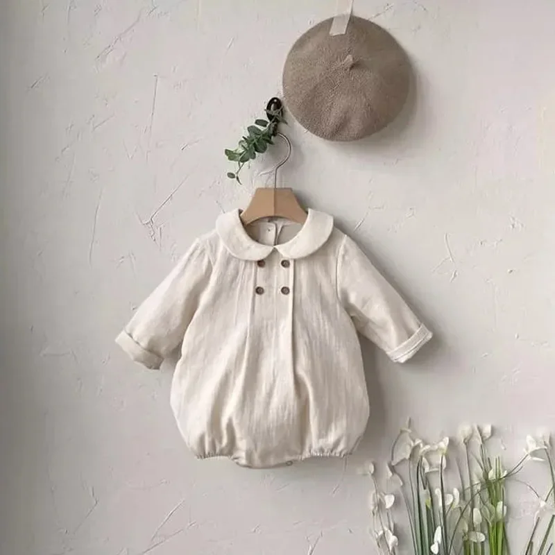 MILANCEL Autumn Solid Linen Baby Clothes Rompers Peter Pan Collar Lapel Wrap Girls One Piece Linen Infant Bodysuits for Newborns