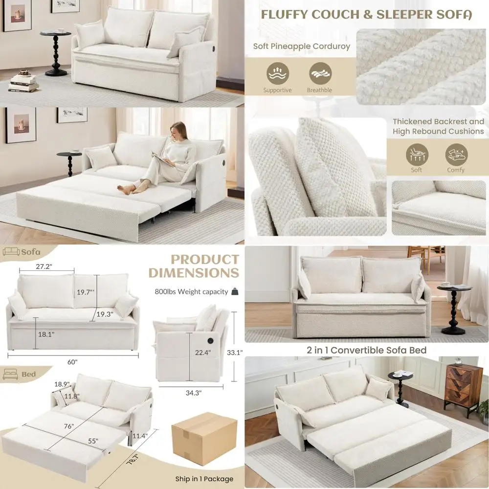 Трансформируемый диван-кровать, компактный вельветовый двухместный диван с зарядкой через USB, шезлонг для комфортной релаксации