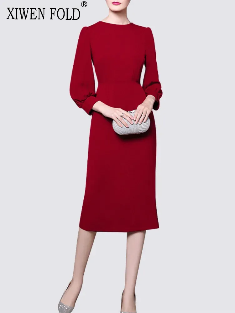 XIWEN Slash Neck Long Sleeve High Waist Solid Color A Line Robe Dresses For Women 2025 Spring Fashion Female New Dress TH8999