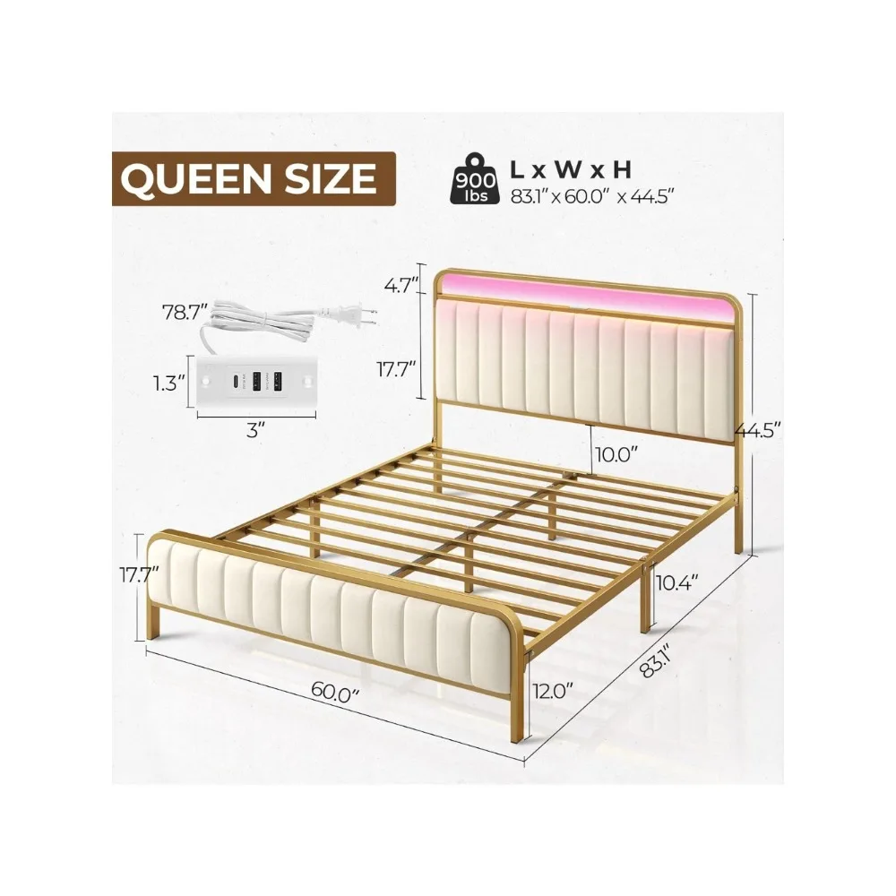 Base Beds and Frames Golden Bed Frame Metal Slat Noise Free Easy Assembly Bedroom Furniture Upholstered Headboard and Footboard