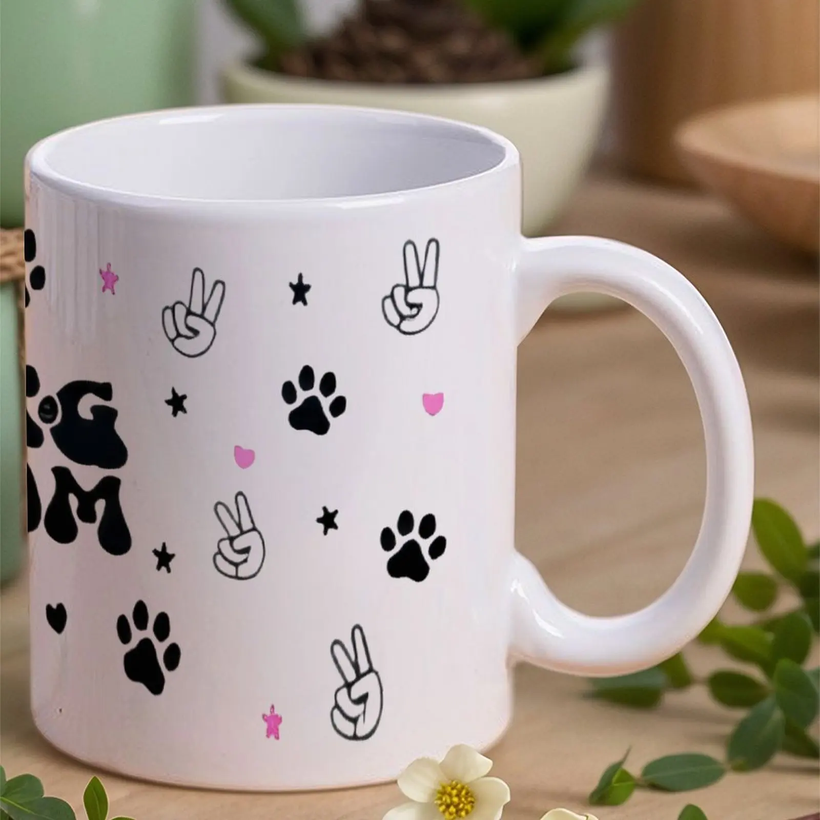 

A Black And White Illustration Of A Dog Mom Surrounded By Paw Prints. Cute Mugs, 11oz Cup for Summer