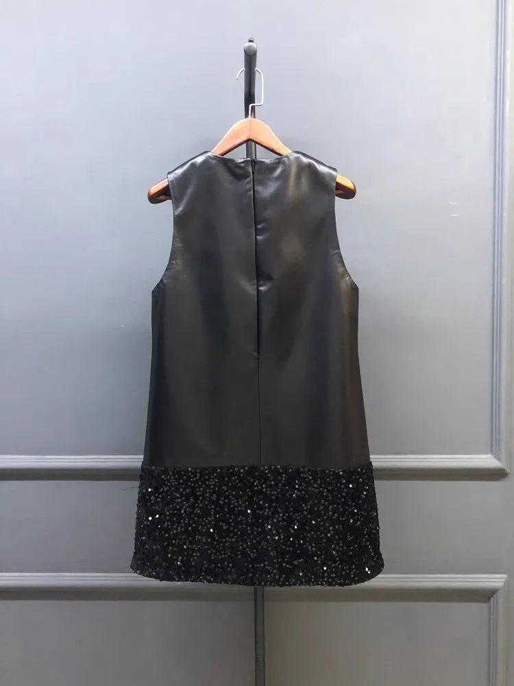 ผู้หญิงแฟชั่นของแท้หนัง O-คอ Bowknot Patchwork Sequined Elegant Party สุภาพสตรี A-Line Tank ชุดเดรสสั้น