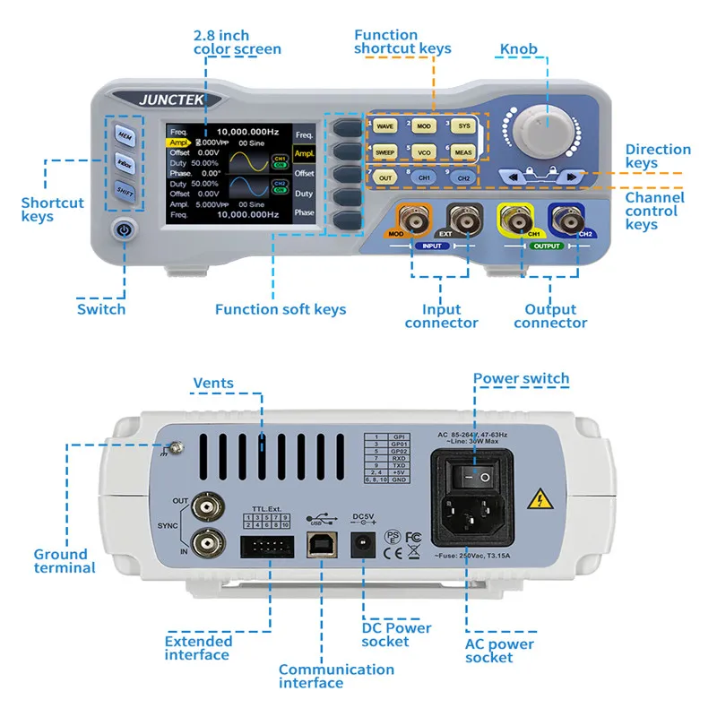 JUNCTEK-generador de forma de onda arbitraria, fuente de señal de doble canal, 8080 MS/s, 14bits, medidor de frecuencia, 60Mhz, 80Mhz, 275 funciones, JDS8060