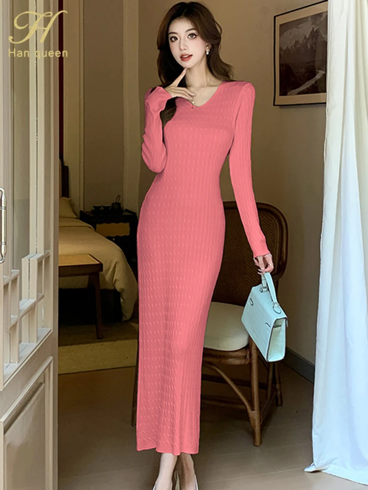 H Han Queen Korean Elegant Fashion Knit Long Dress 2024 Women Autumn Bodycon Dresses V-Neck Casual Party Vestidos Woman Clothing