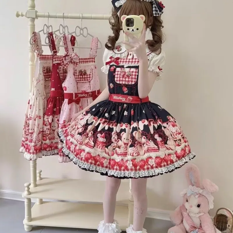 Japanese Lolita Shirts Women Sweet Schoolgirl Bow Strawberry Embroidery Lace Peter Pan Collar Princess Kawaii Blouses Y2k Tops
