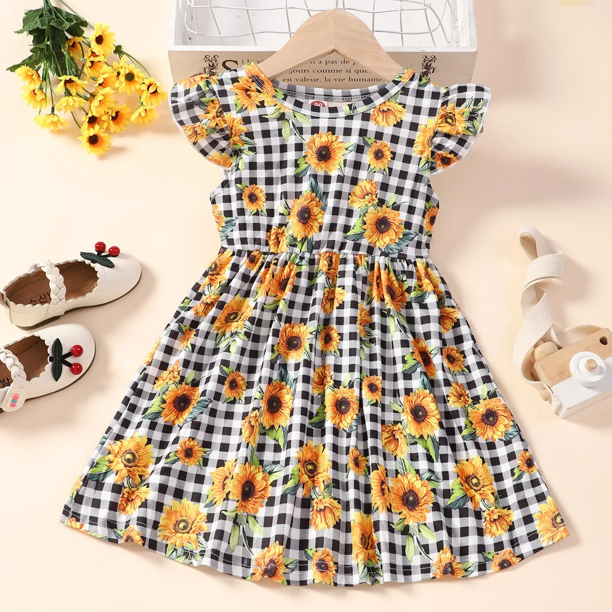 

Prowow Clearance Girl's Sunflower Dresses Sleeveless Flying Sleeve Sunflower Printed Plaid Dress For Kids Children Clothing