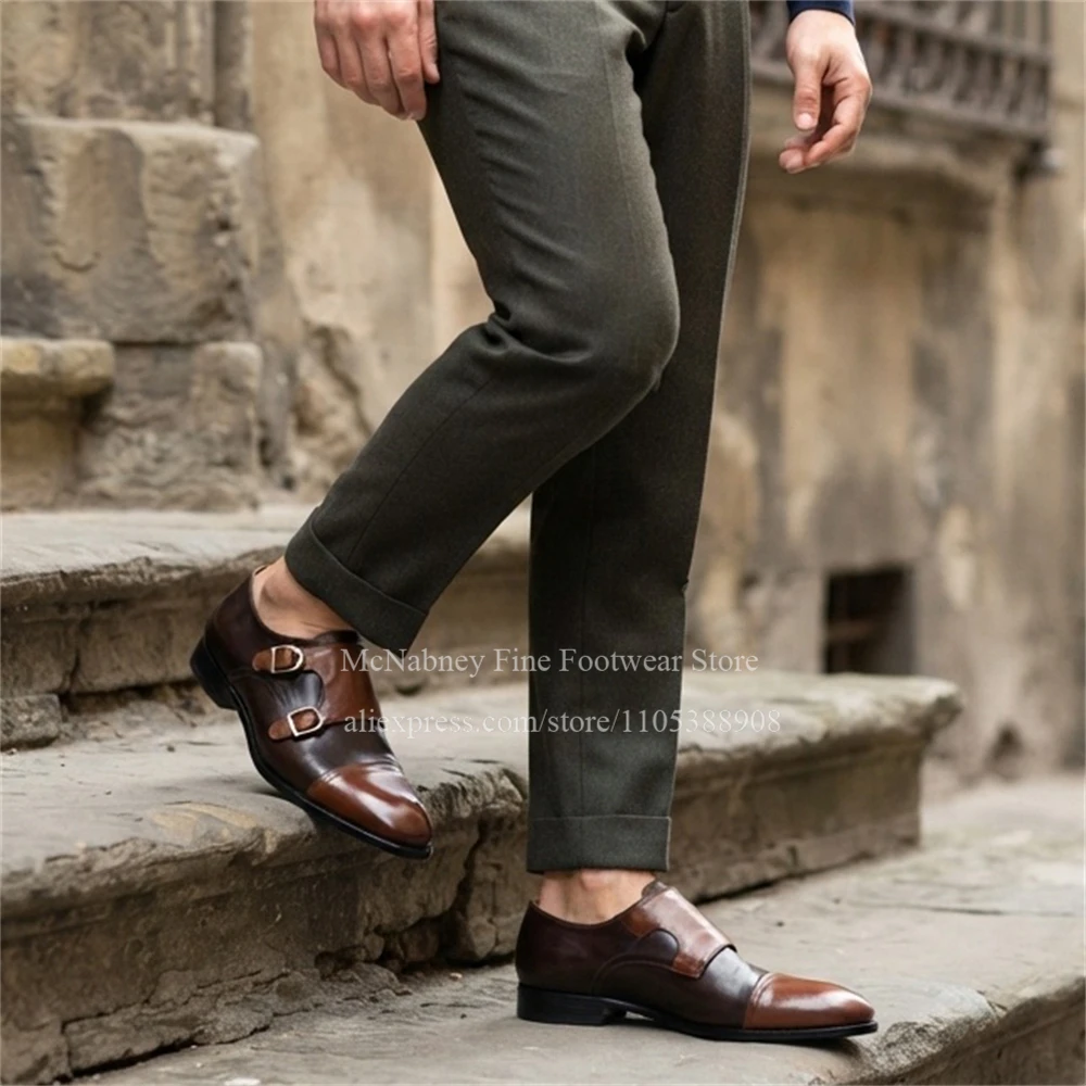 Purple Leather Cap Toe Double Monk Strap Shoes Handmade Texture Business Wedding Casual Men Formal Shoe British Autumn Plus Size