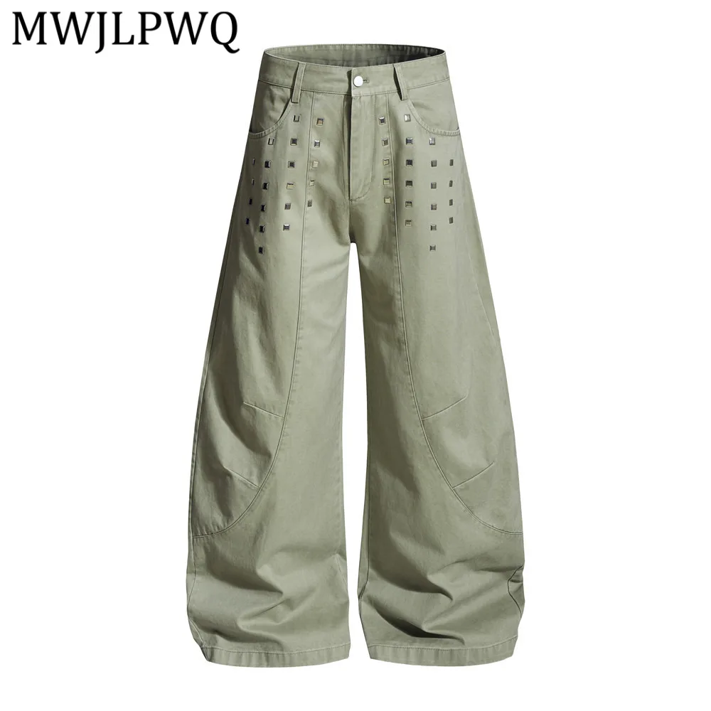 

MWJLPWQ Loose-Fitting Men's Hip-Hop Style Pants Metal Rivets Pleated Design Unique Autumn Silhouette Wide-Leg Trousers 16032