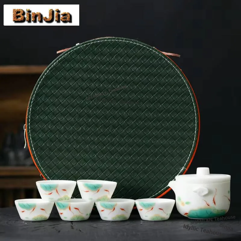 Icy Mutton Fat Jade Travel Tea Set Hand-painted Lotus Hand-grasp Pot Tea Set Antique Tea Ceremony Set Pot And Cup Set Cha Crafts
