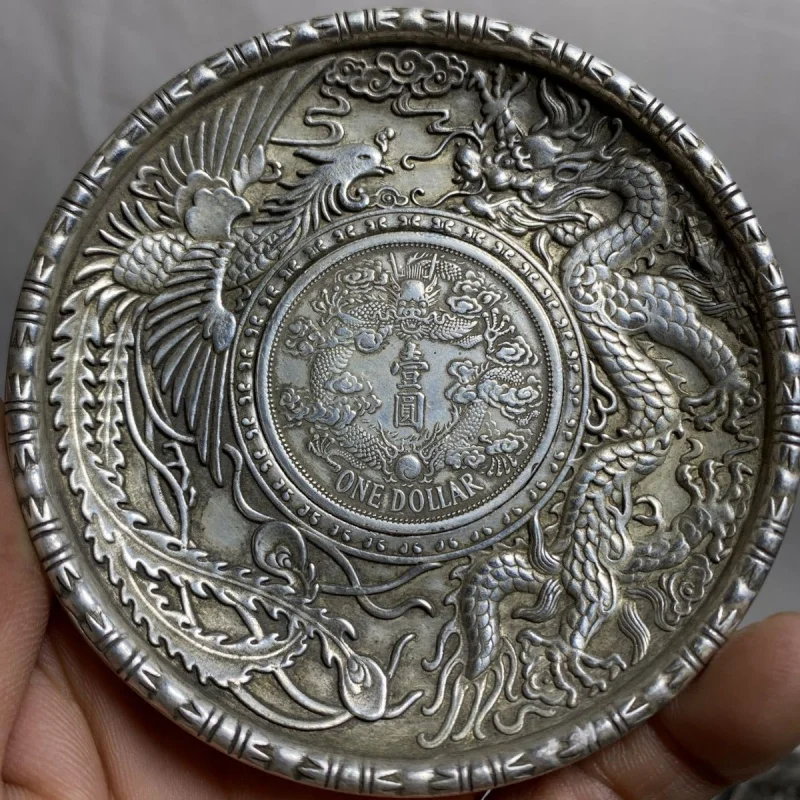 Disco de cobre de plata de 9cm de alto relief4, accesorio de bronce antiguo, Qing Qianlong, corte de año, dragón real y Fénix