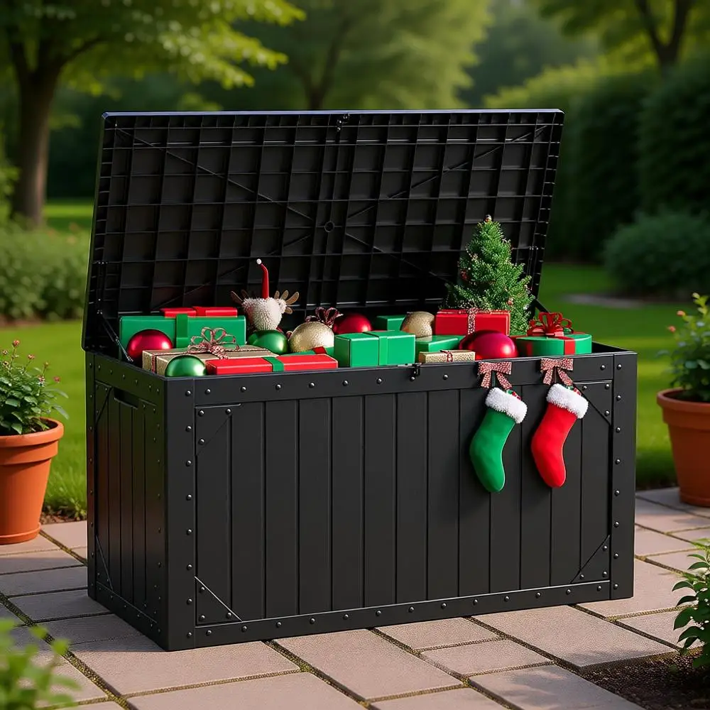 

100 Gallon Outdoor Storage Bench with Lockable Lid, Weather-Resistant Patio Furniture and Garden Tool Storage
