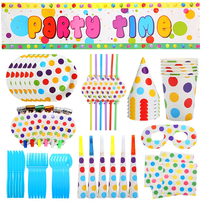 Children\'s birthday color polka dot theme party set, paper napkins paper cups paper plate picnic disposable cutlery party decora