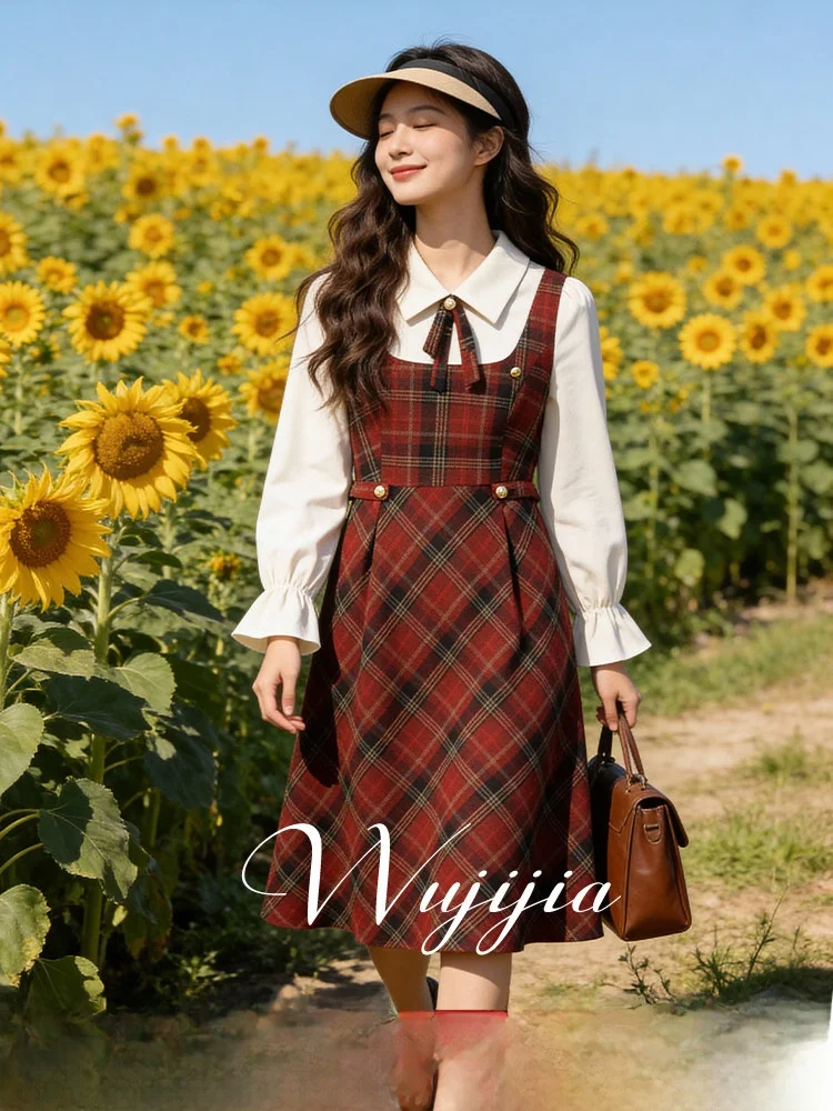 

plus Size Winter Dress Collar Patchwork College Style Fake Two-Piece Skirt Commute Style Long Sleeve Fairy Skirt for Ladies