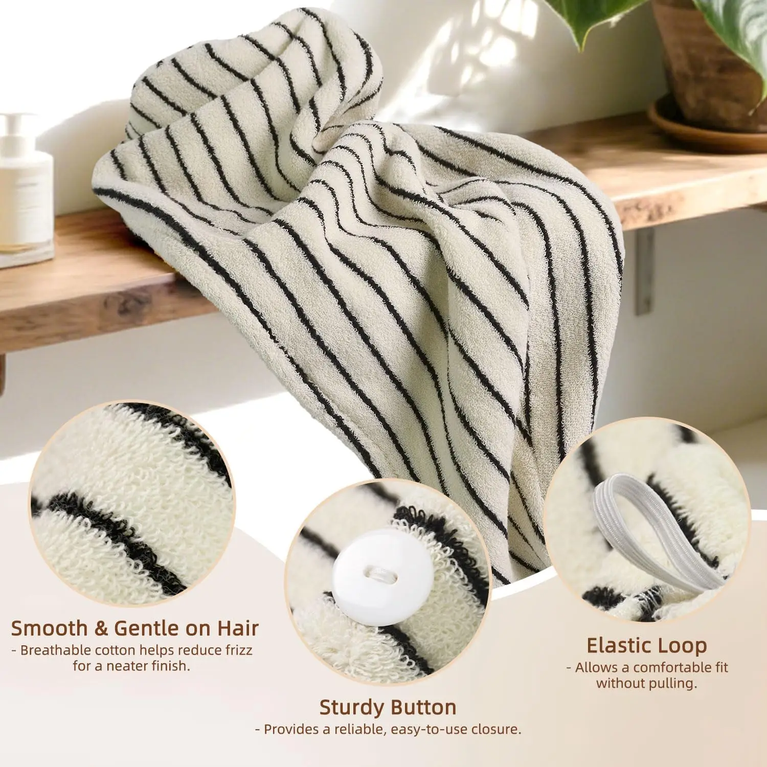 Cotton Hair Towel Wrap for Women (Black & White Striped) – Anti-Frizz Absorbent Quick Drying for Wet Hair, 25” x 9.5”, 1 Pack