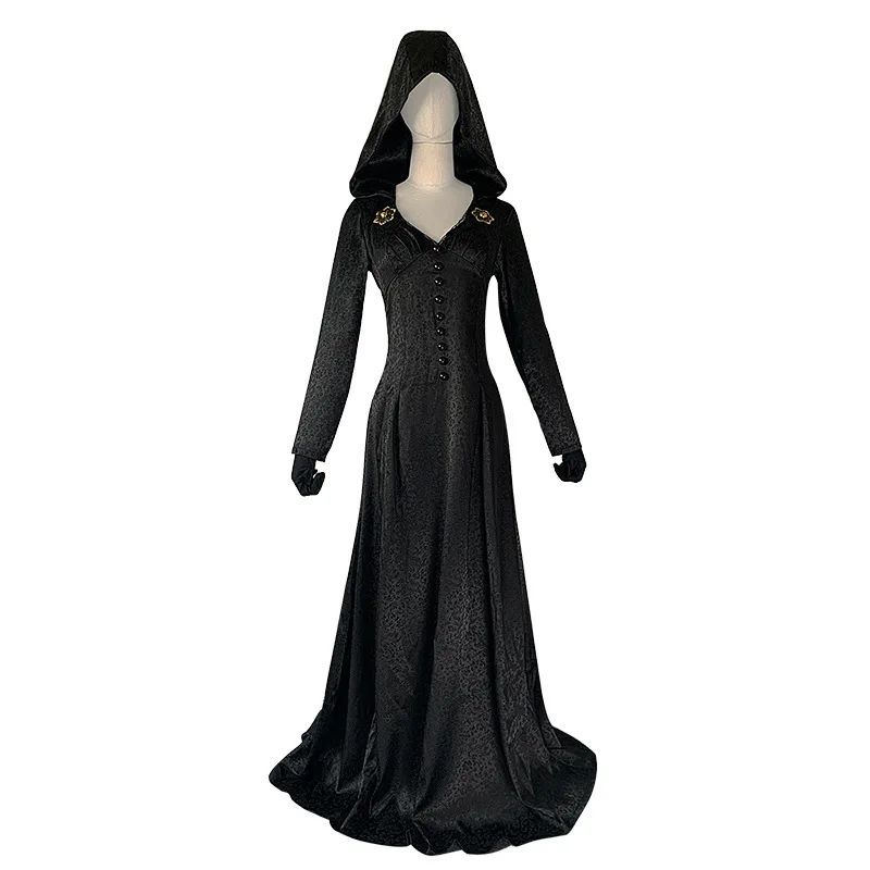 Vampire Lady Bela Dimitrescu Cosplay Costume Woman Hooded Black Dress Mysterious Moth Witch Woman Halloween Role Play Outfit