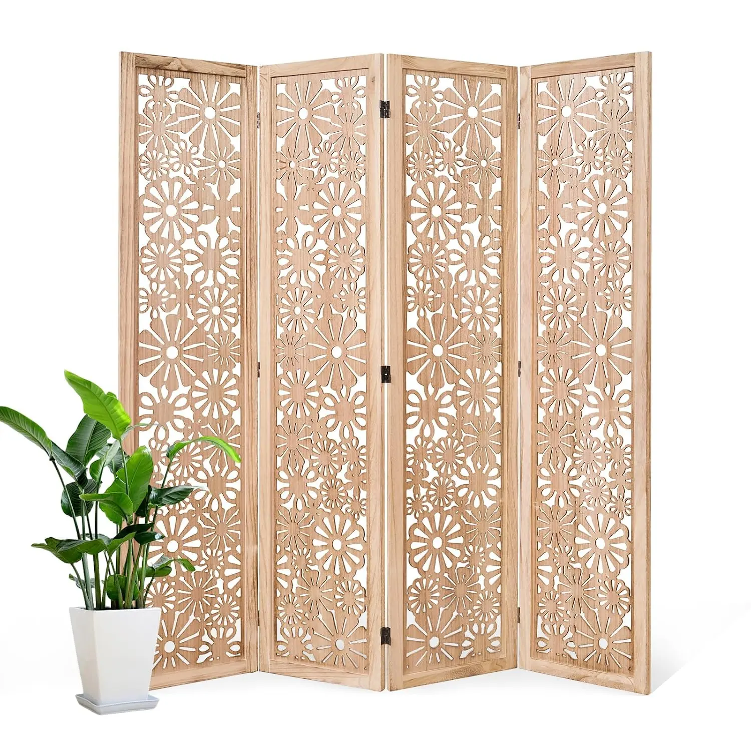 Folding Wood Room Divider Panel, 67 Inch Tall Daisy-Carved Privacy Screen - No-Assembly Required, Decorative Flower, Customized