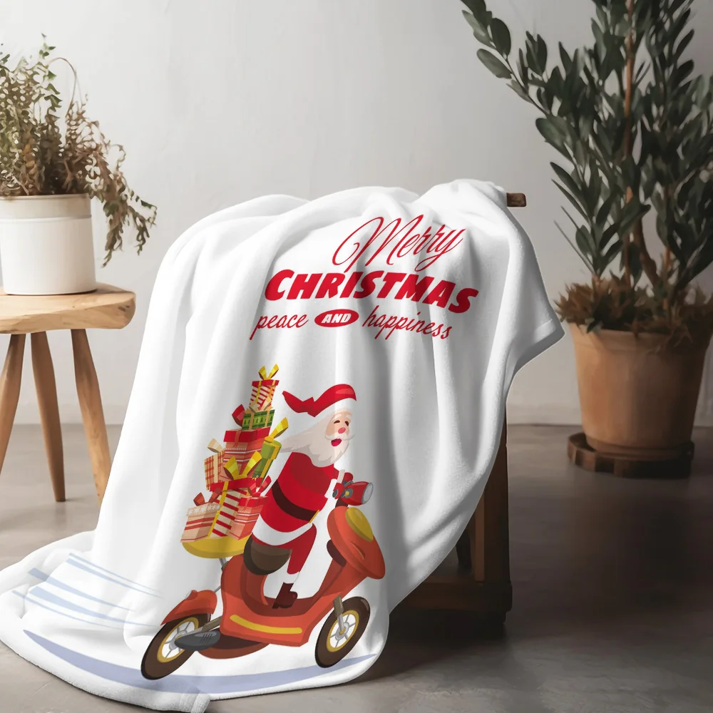 TU Santa Motorcycle Throw Blanket Christmas Holiday Cozy Gift Home Decor Festive Reindeer Reusable Warm Bedding Living Room Dorm