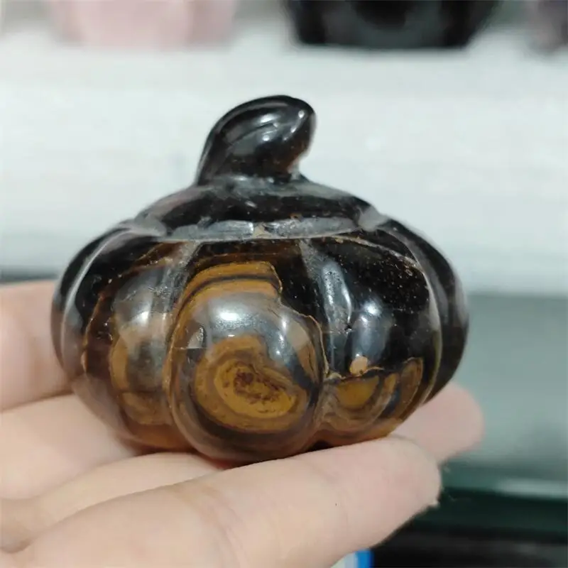 Natural Yellow Tiger Eye Stone Pumpkin Carving Healing Crystal Ornaments Gifts Reiki Quartz Home Room Decoration Gift 1PCS