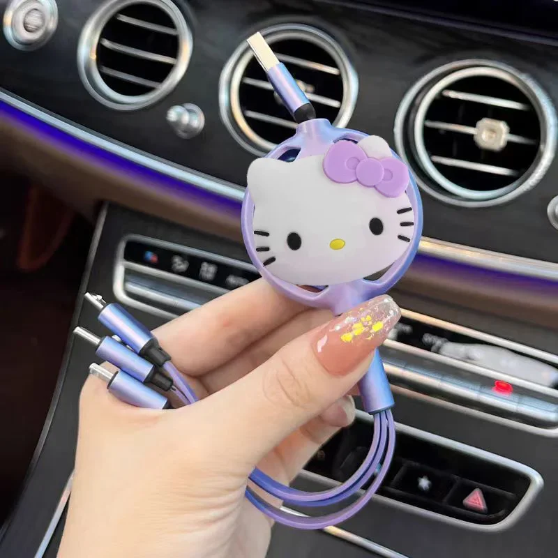 MINISO Hello Kitty Scalability 3 IN 1 Fast charging data cable type-c Mini USB charger For Iphone Android Phone Xiaomi Huawei