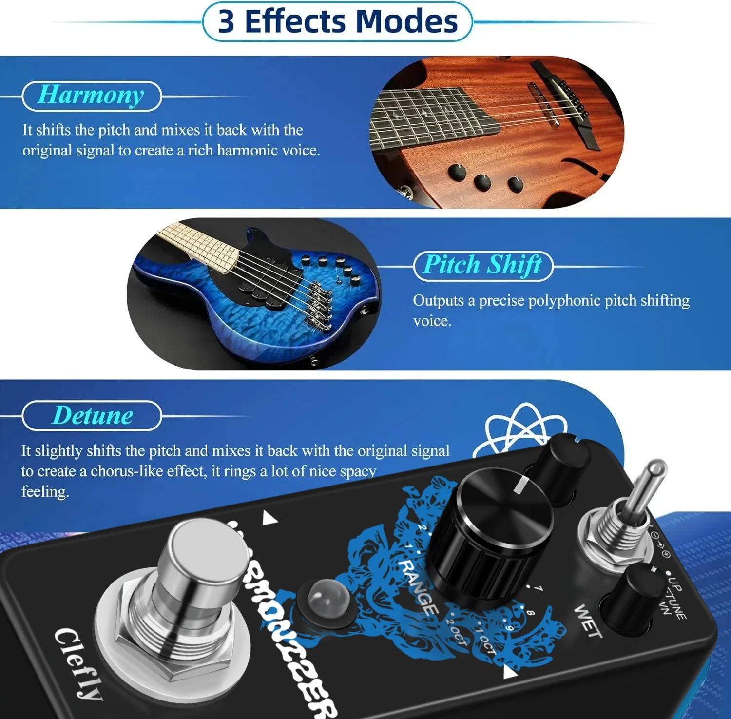 Гармонизатор для педали гитары, коробка для создания эффектов, Гармонический гармонический механизм, переключатель передач Detune, гармония True Bypass для электрической гитары, бас