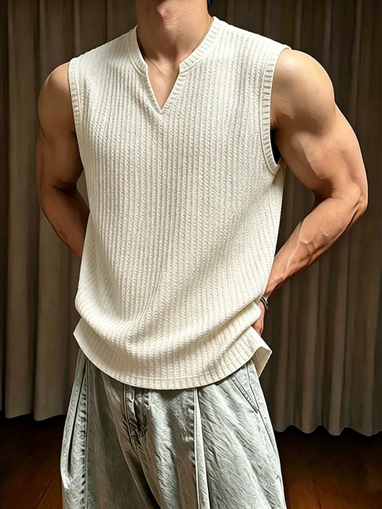 White Ice Silk V-Neck Vest Men's Summer Thin Quick Dry Sports Fitness Shoulderless Sleeveless T-Shirt Loose Fit Casual Style