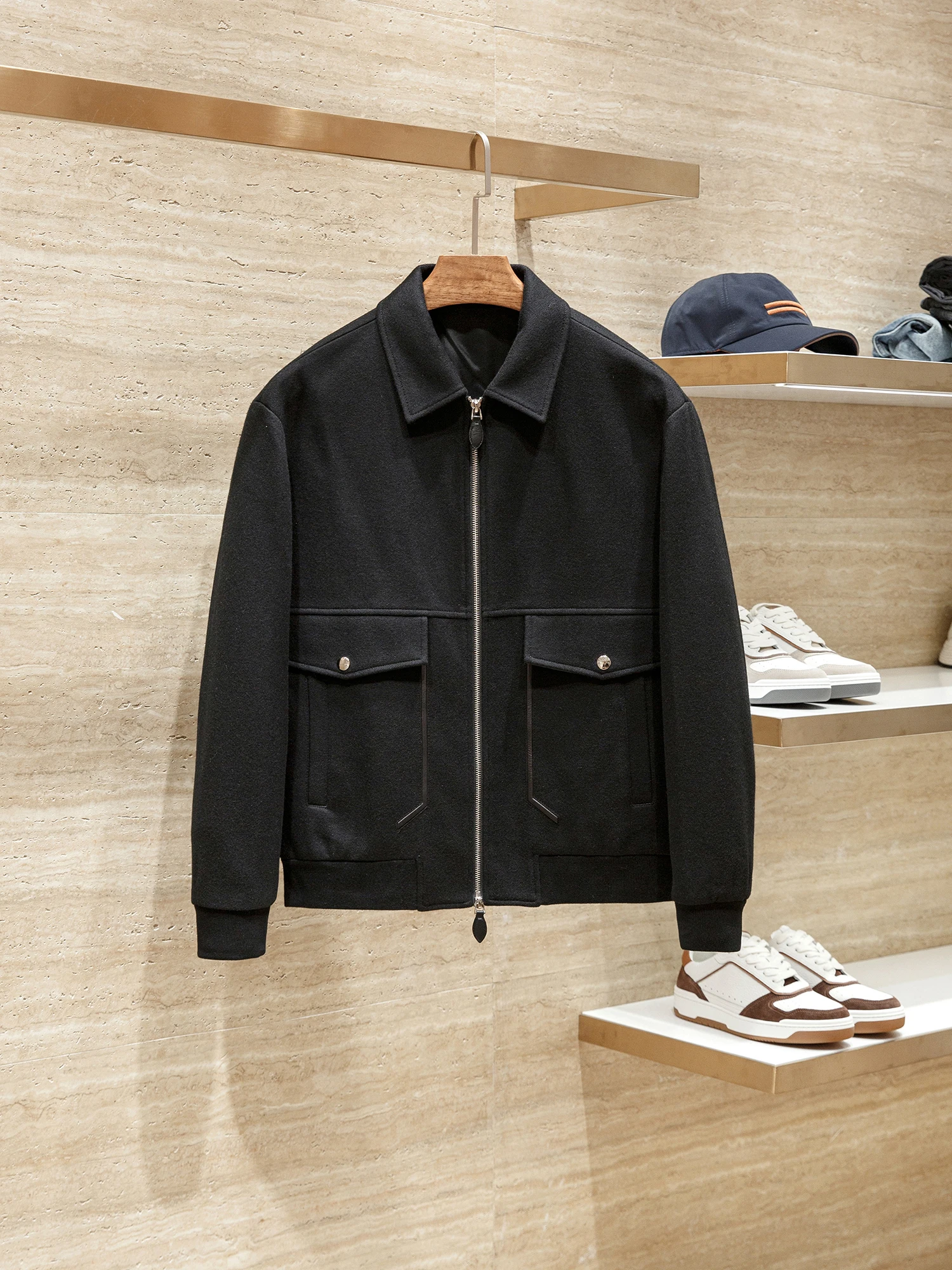 Italiaanse Sle Gentleman Wolmix Splicing Echt lederen kraag Herfst Winter Heren High End Turn Collar Tweed Jaet