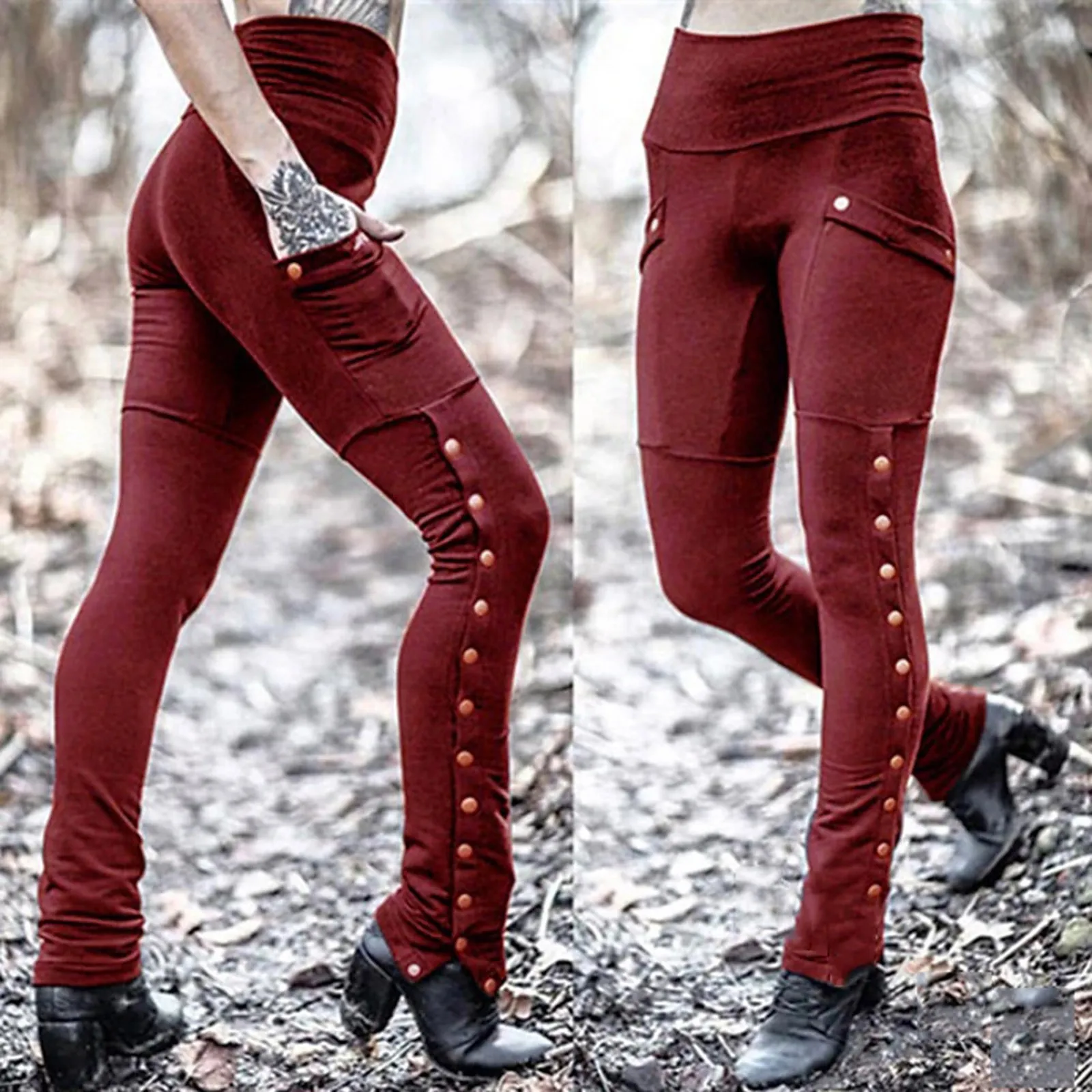 

Gothic High Waist Punk Trousers Halloween Costumes For Women Gothic Steampunk Side Rivet Pants Skinny Stretch Pencil Pants