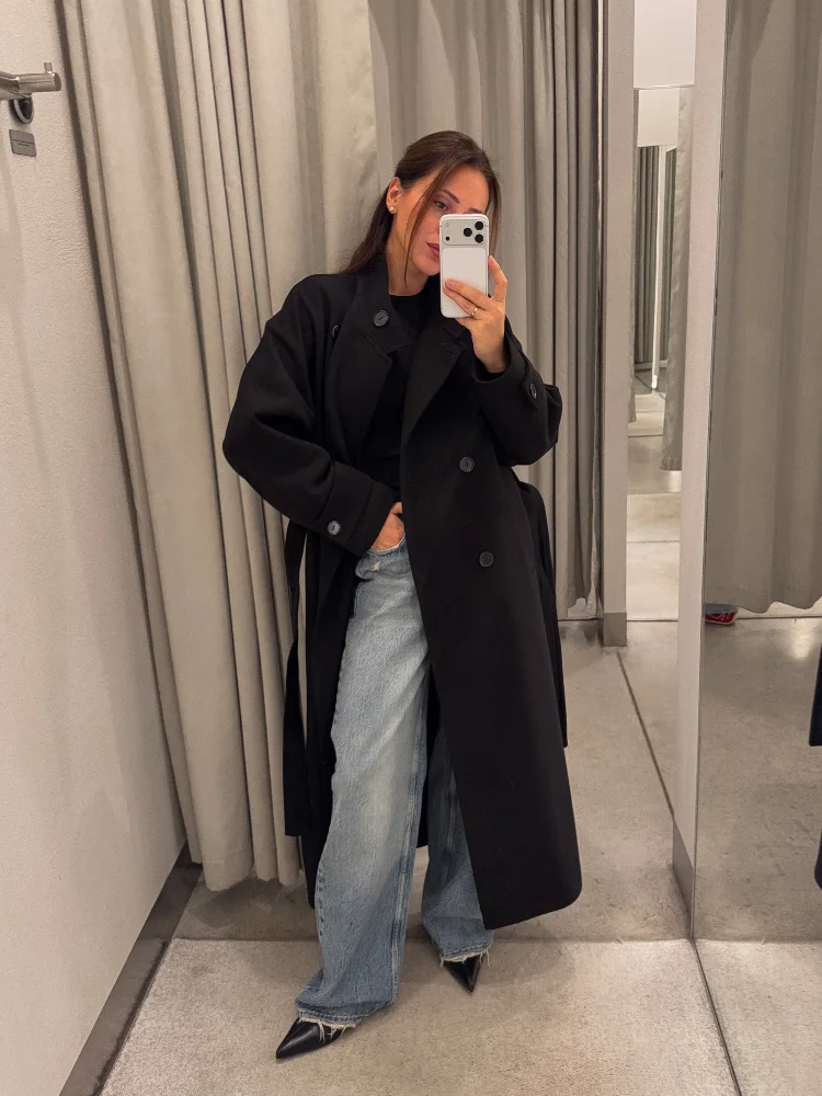 Women Stand Collar Double Breasted Long Wool Coat Self Tie Belt Loose Long Sleeve Elegant Warm Winter Casual Street Outerwear