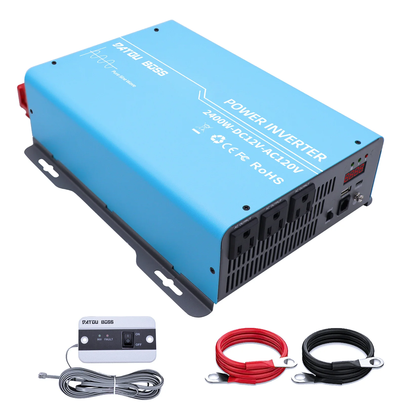 DATOUBOSS Power Inverter 2400 Watt Pure Sine Wave Inverter 12V to 110V 120V AC Converter, Peak 2400W with Dual AC US Outlets