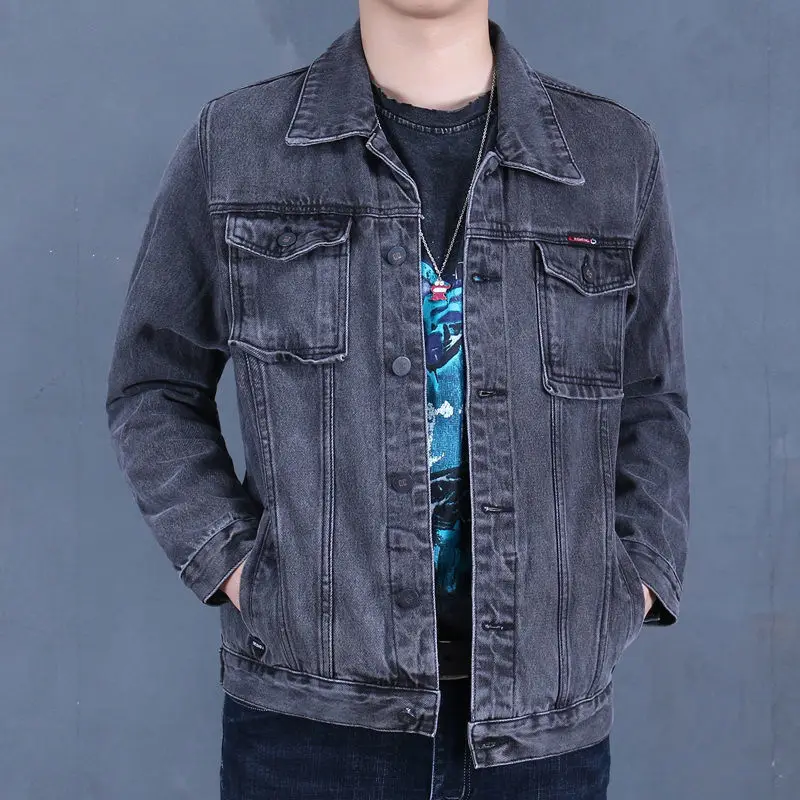 Grey Denim Jacket Men's Large Size Loose Trendy Workwear Autumn Winter High Wear Resistant Coat Youthful Energy Style Long Sl...